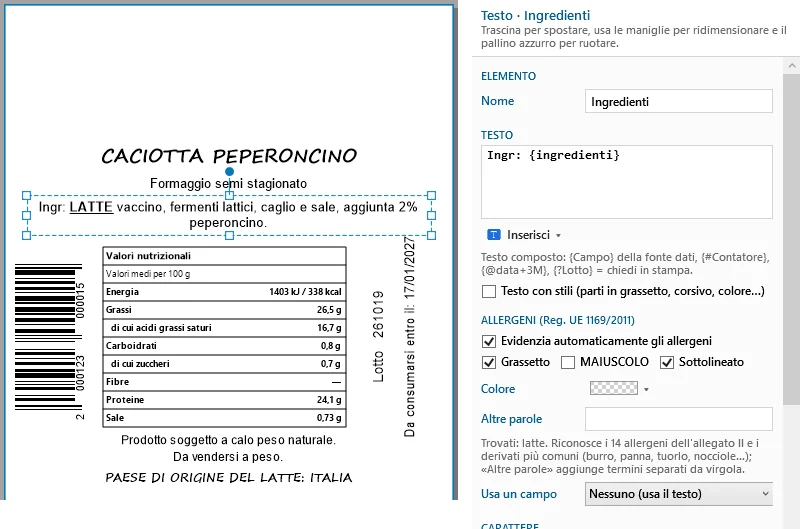Ingredienti con l'allergene LATTE evidenziato in grassetto e sottolineato