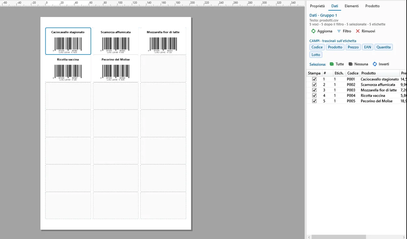 Foglio A4 con 21 etichette diverse prese da un file Excel