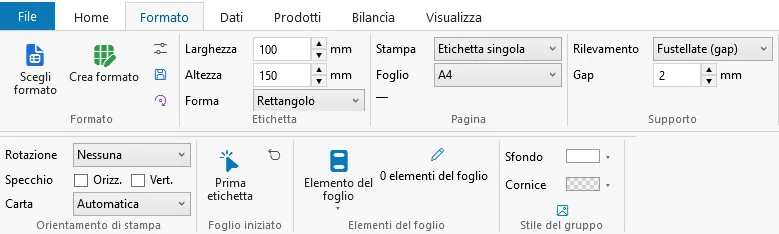 La scheda Formato: misure, tipo di stampa e supporto