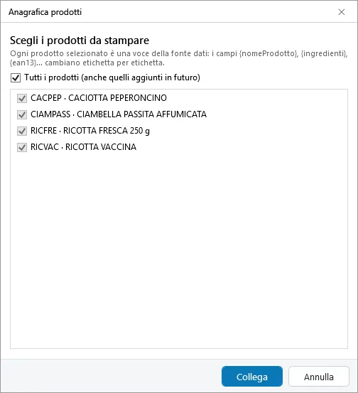 Scegli i prodotti da stampare