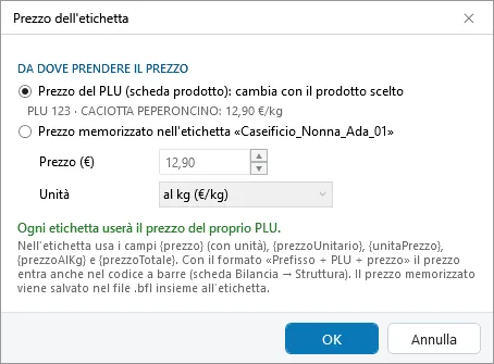 Prezzo memorizzato nell'etichetta