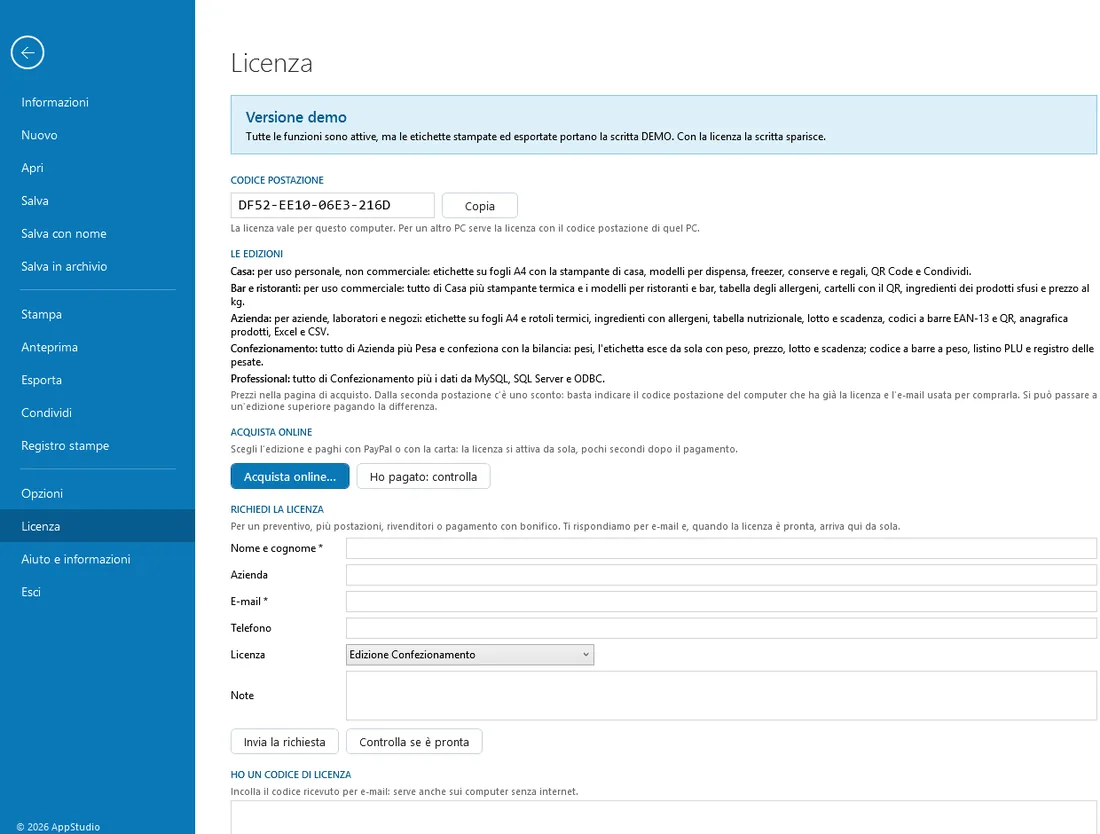 File → Licenza: codice postazione, acquisto e richiesta