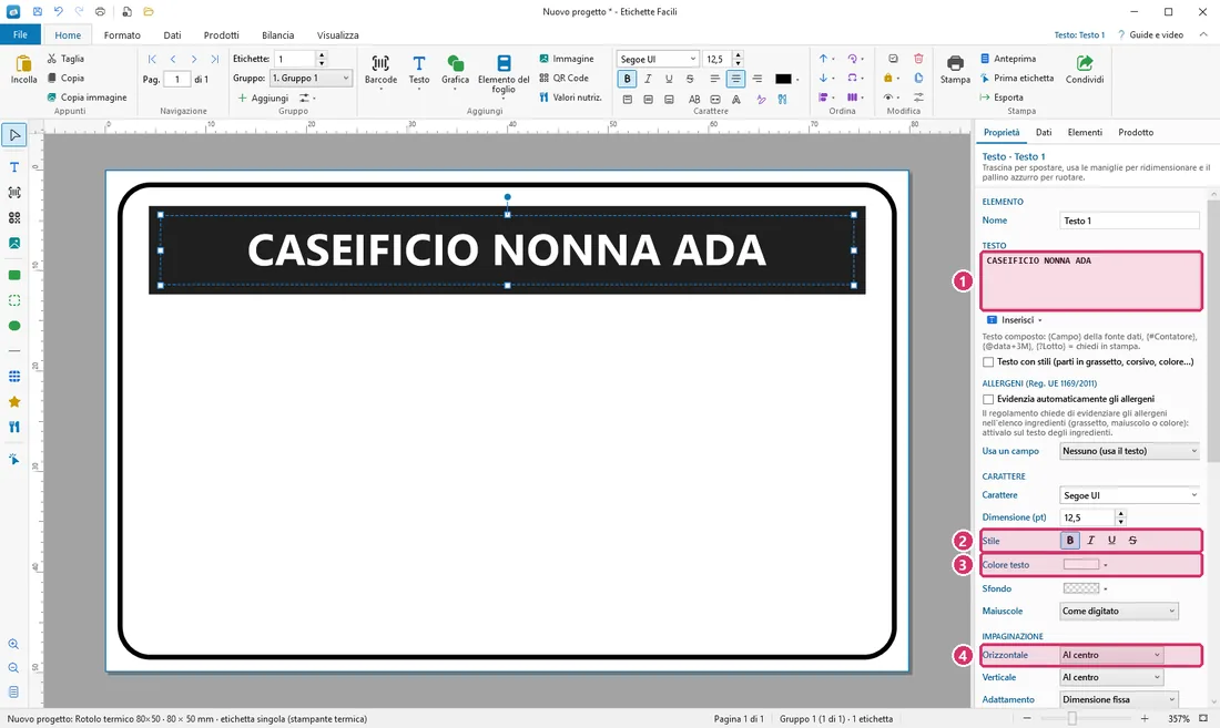 Testo, Stile, Colore testo e Orizzontale