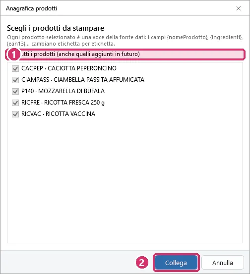 Scegli i prodotti da stampare e premi Collega