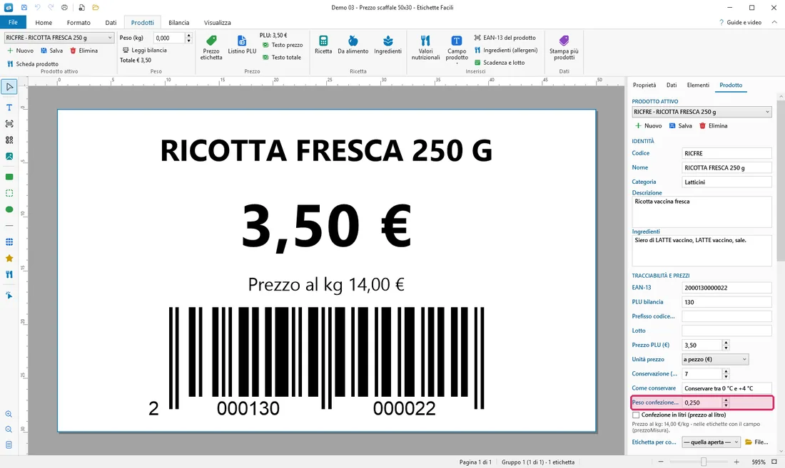 Con il peso della confezione l'etichetta mostra il prezzo al kg