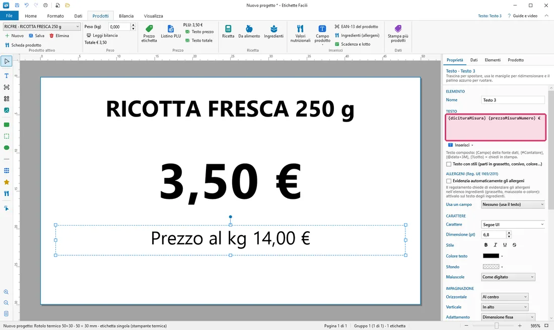 La riga del prezzo al kg sotto il prezzo di vendita